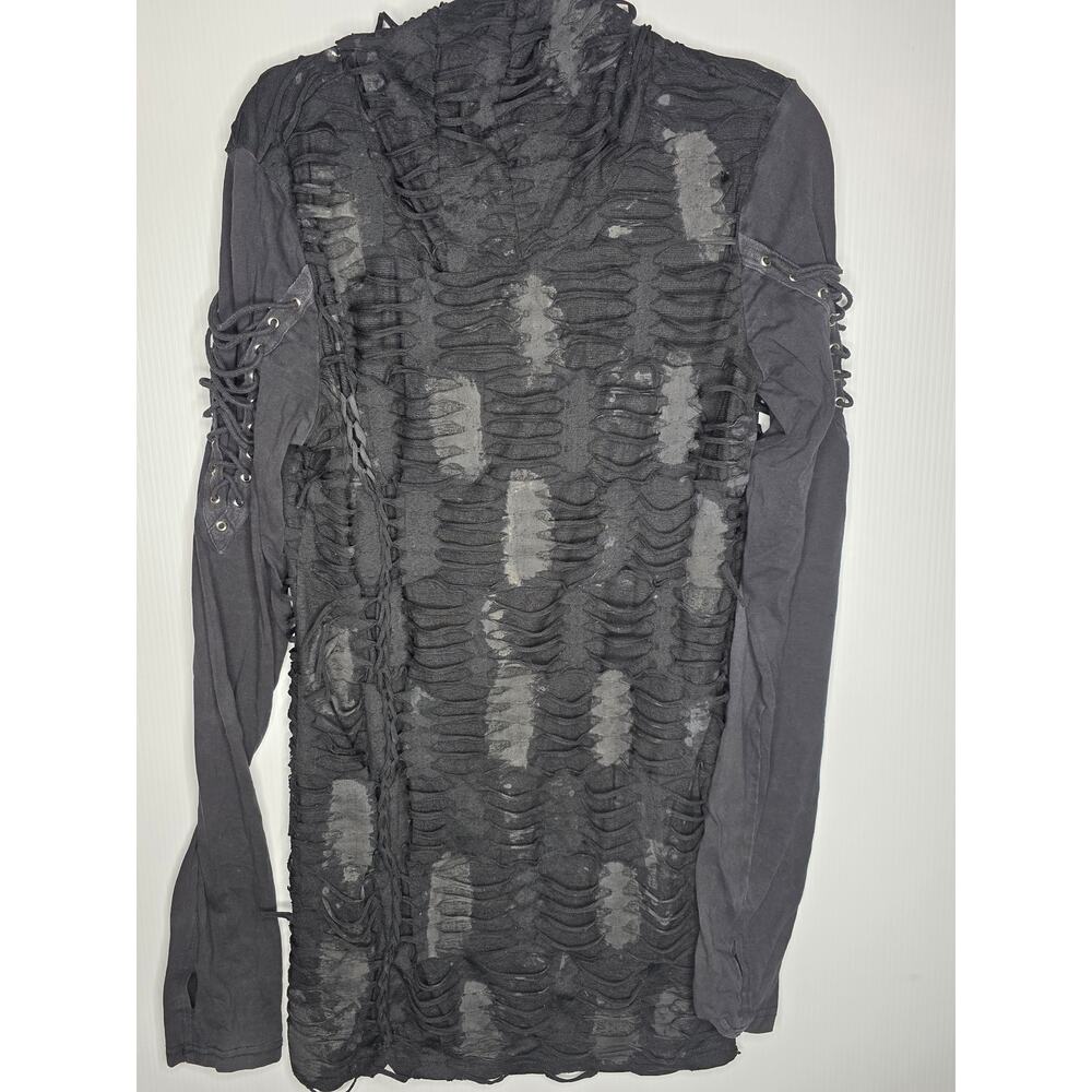 Punk Rave Distressed Shredded Hooded Top Size M Black Lace-Up Sleeves Thumb-Hole